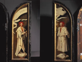 The Cleansing of Naaman Triptych: Side Panels Depicting the Martyrs Cosmas and Damian, Protectors Against Sickness, 1520